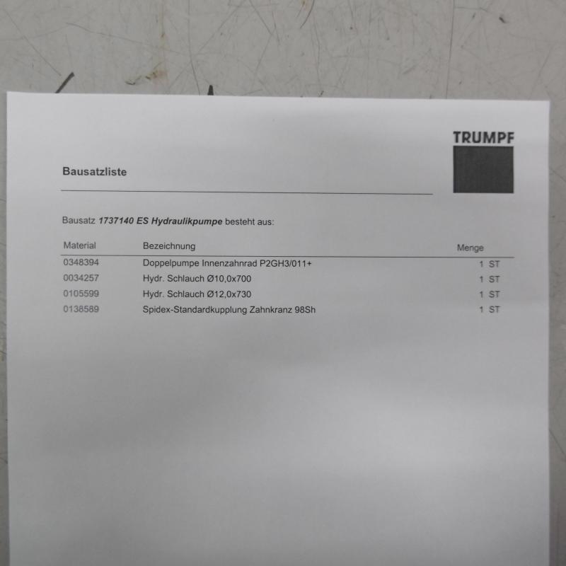 ES Hydraulikpumpe für TRUMPF TC 500 R, Trumpf Original Ersatzteil-Set Nr. 1737140,  Doppelpumpe Innenzahnrad mit Hydraulikschläuchen und Spidex Kupplung