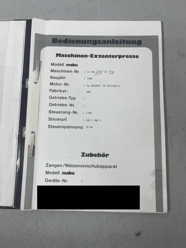 Betriebsanleitung für Einständer Exzenterpresse, Bedienungsanleitung 