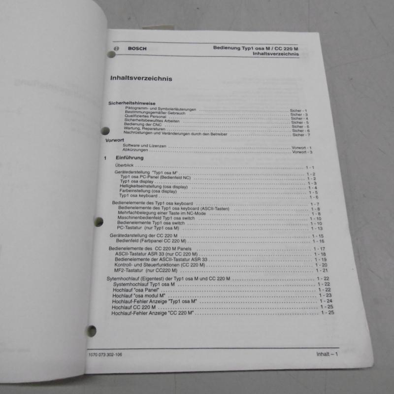 Handbuch Komplettsatz für BOSCH CC 220 Steuerung bestehend aus 8 Büchern,  Bedienungsanleitung, Parameter, Programmieranleitung, Fräszyklen, Diagnose, Fehlermeldung