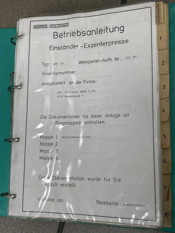 Betriebsanleitung für Einständer Exzenterpresse, Bedienungsanleitung Betriebsanleitung für Einständer Exzenterpresse, Bedienungsanleitung