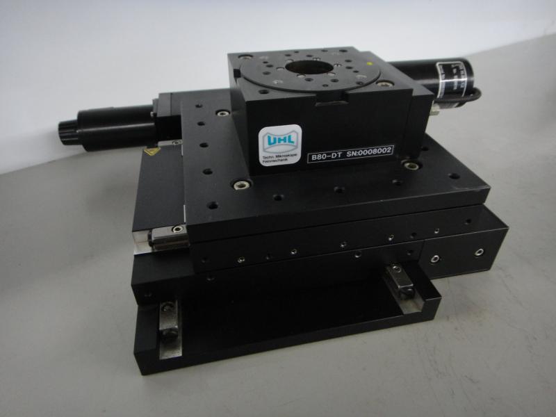 Kreuztisch mit aufgebautem Drehtisch und Schrittmotor-Antrieb, Rundtisch, Teilapparat