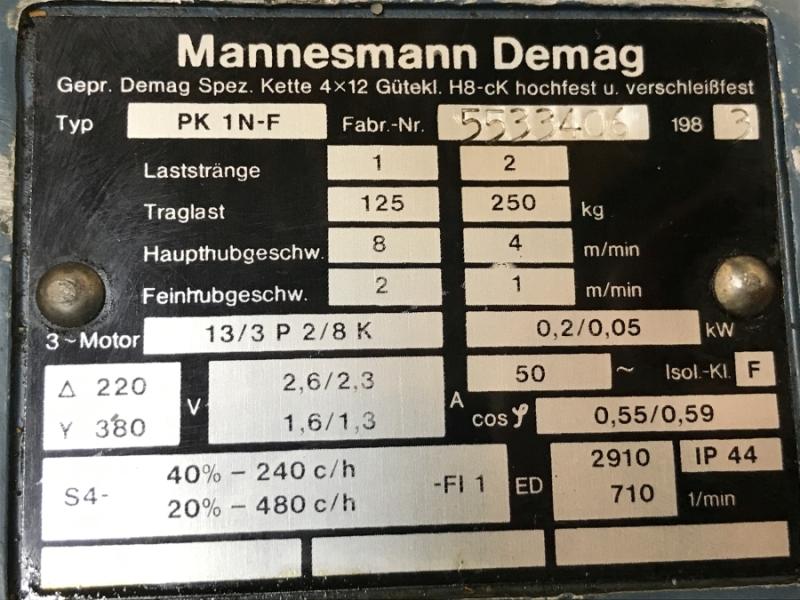 E-Kettenzug, Elektro Hubwerk, Kran 125 kg