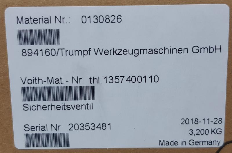 Sicherheitsventil 130826 passend für TRUMPF TC 500 / 1300 Sicherheitsventil 130826 passend für TRUMPF TC 500 / 1300