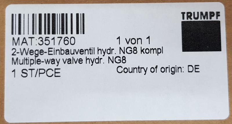 Schaltventil, 2-Wege-Einbauventil NG8 / 351760 passend für TRUMPF TC 500 / 1300 Schaltventil, 2-Wege-Einbauventil NG8 / 351760 passend für TRUMPF TC 500 / 1300